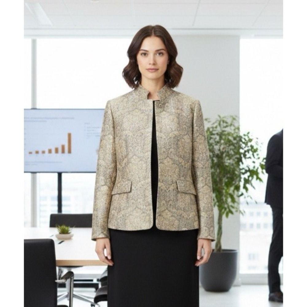 Liz Claiborne Womens Size 8 Gold Brocade Damask Blazer Jacket Metallic Textured
